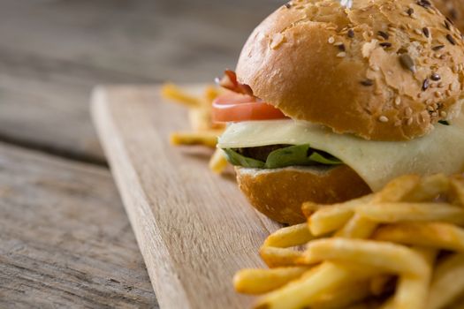 Close up of cheeseburger with french fries