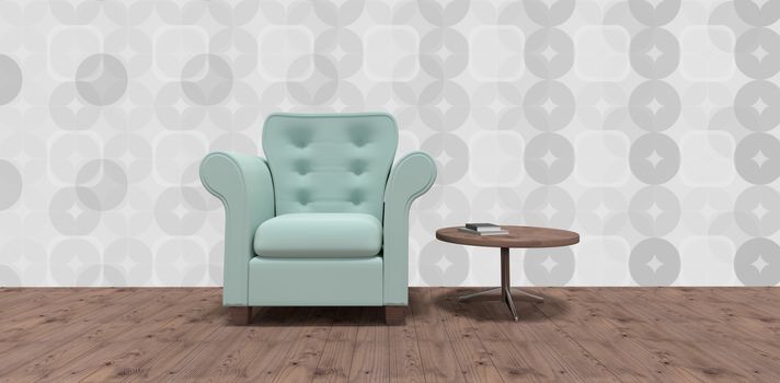 Composite image of empty armchair by table on hardwood floor 