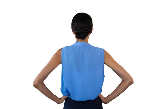 Rear view of businesswoman with hand on hip
