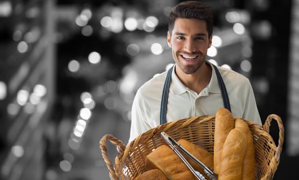 Composite image of baker holding bread in whisker basket 