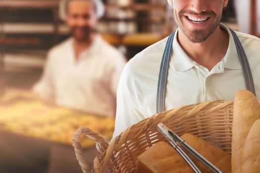 Composite image of baker holding bread in whisker basket 
