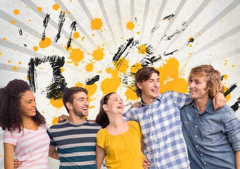 Happy young students standing against grey, yellow and black splattered background