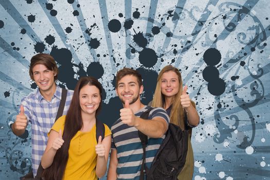 Happy young students against blue splattered background