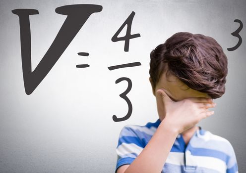 Boy thinking deeply with math equation