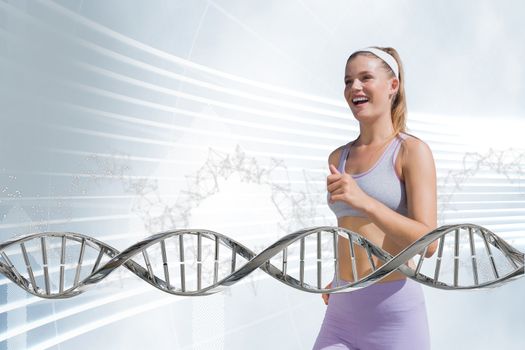 Happy fitness woman running with 3D DNA strand