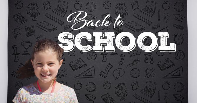 Girl and Back to school text with education graphics on blackboard