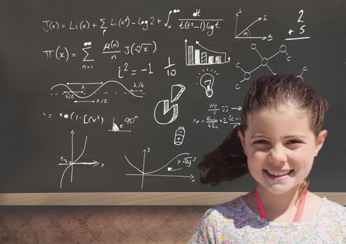 Math equations on blackboard with girl