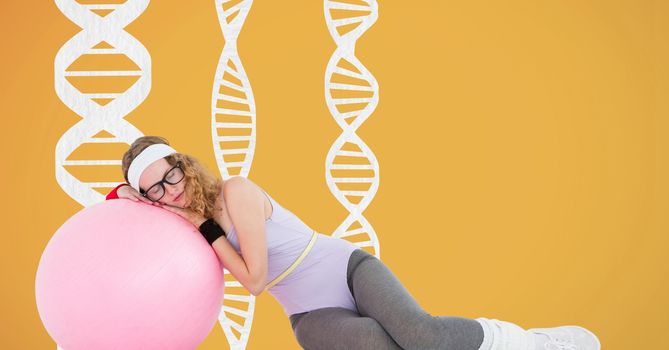Fitness woman sleeping on a ball ith DNA strands against yellow background