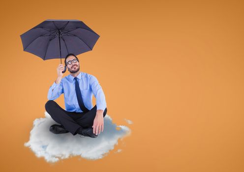 Happy business man with an umbrella sitting on a cloud