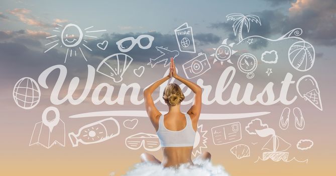 Woman doing yoga sitting on a cloud against wanderlust icons