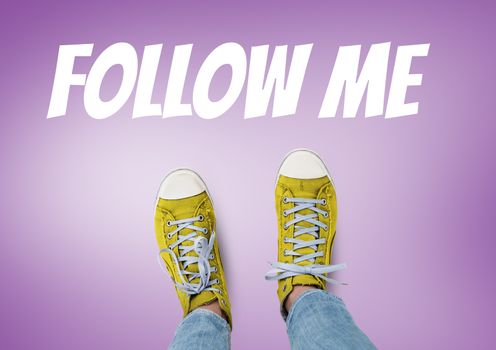 Follow me text and Yellow shoes on feet with purple background
