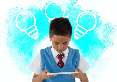 Schoolboy with tablet and light bulb graphics