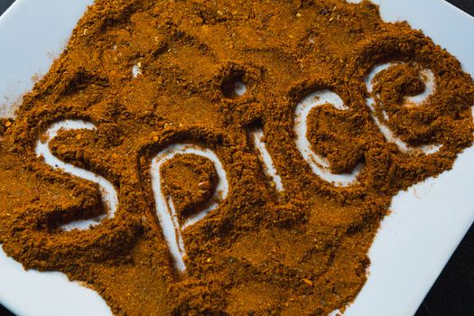 Word spice written on red chili powder