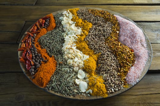 Various type spices on plate