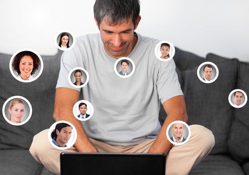 Man on laptop with Profile portraits of people contacts