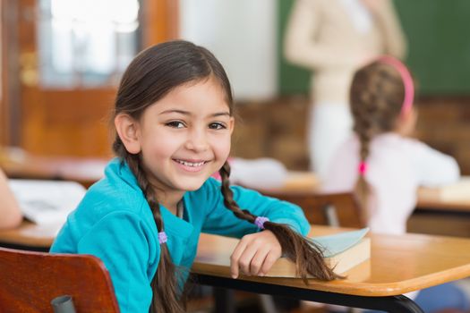 Cute pupil smiling at camera at her desk in classroom