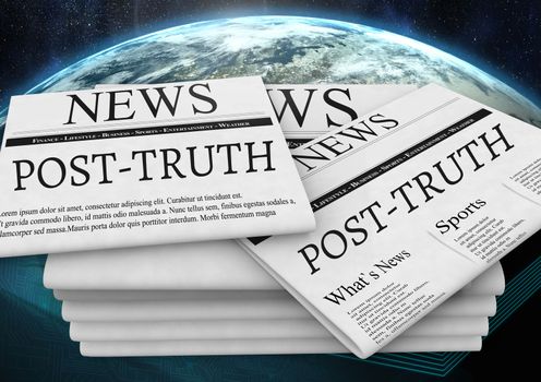 Post-truth text on newspapers stacked over planet earth world