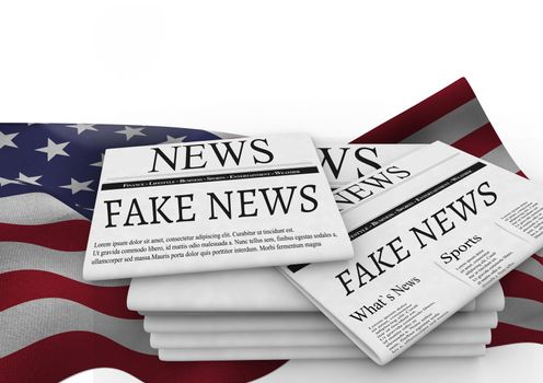 Fake news newspapers stacked over USA flag