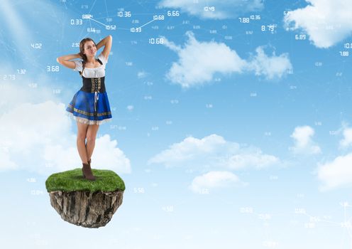 Young fairy tale woman on floating rock platform  in sky
