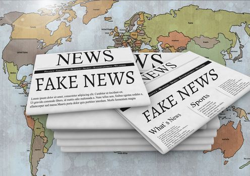 Fake news text on newspapers stacked over world map