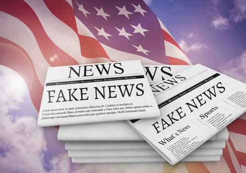 Fake news newspapers stacked up with USA flag