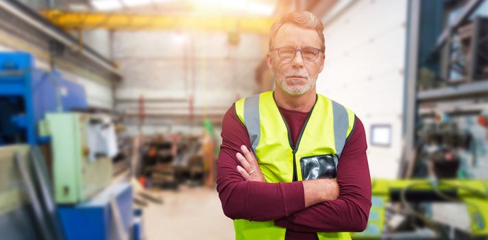 Composite image of portrait of senior worker wit arms crossed wearing reflective clothing