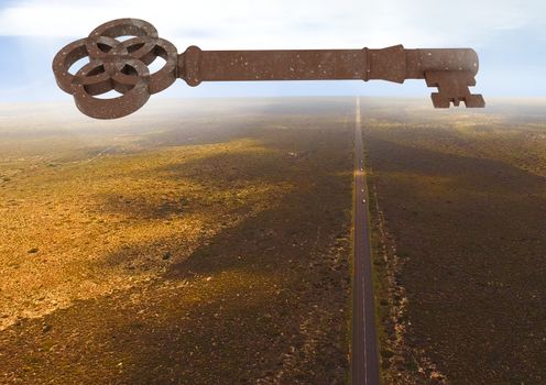 3D Rustic Key floating over barren landscape