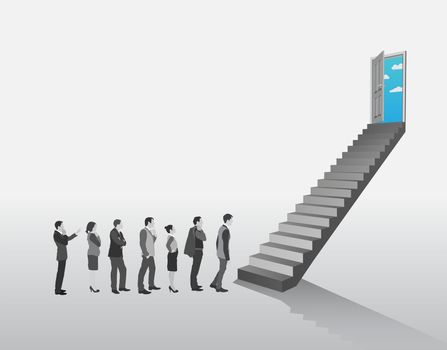 Business people in queue to climb stairs