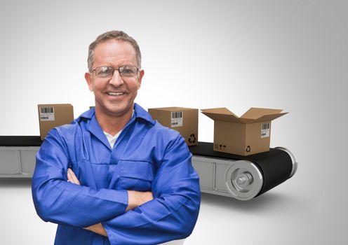 man with boxes on conveyor belt