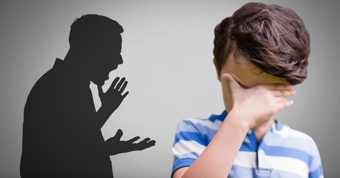 Upset Boy against grey background and shouting violent father silhouette