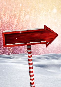 Wooden signpost in Christmas Winter landscape