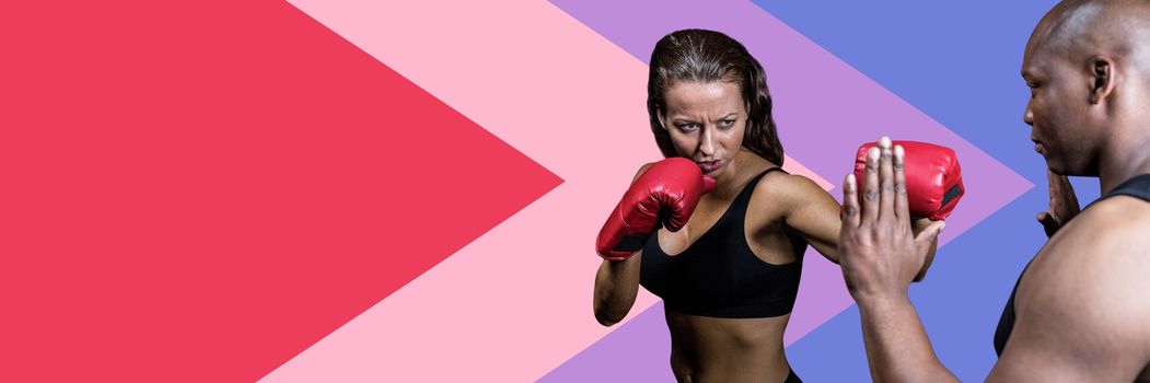 Boxing fitness trainer with woman and minimal shapes