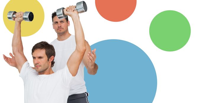 Fitness trainer men with minimal shapes doing weights
