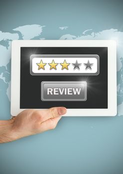 Hand holding tablet with review button and star ratings review