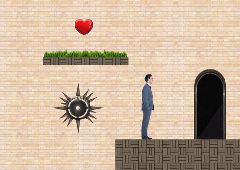 Businessman in Computer Game Level with heart and trap