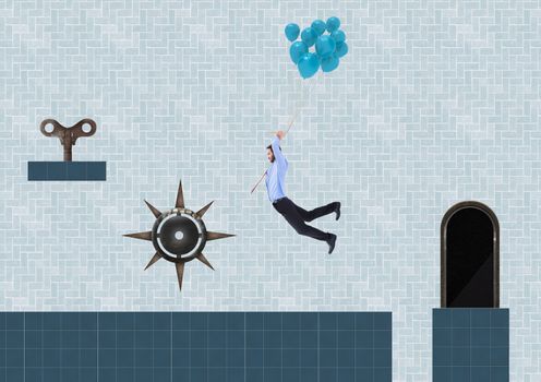 Businessman in Computer Game Level with key and trap