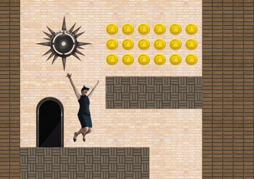 Businesswoman in Computer Game Level with coins and trap