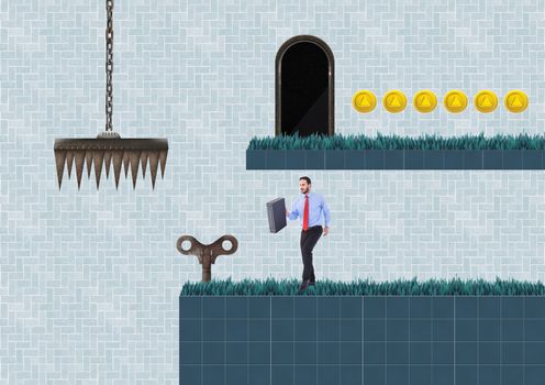 Businessman in Computer Game Level with key and coins and trap