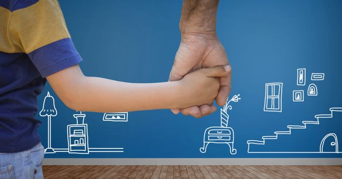 Child holding adults hand with home drawings