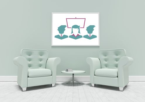 Business people on white board in green room