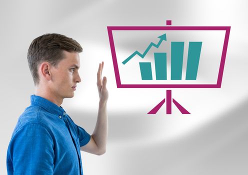 Man raising hand with business chart statistic on screen icon