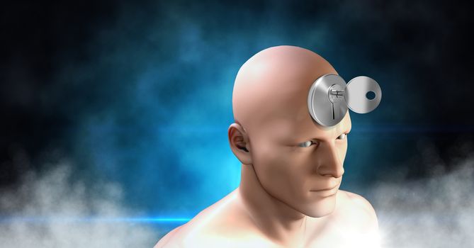 Key unlocking the surreal imagination of 3D mans head