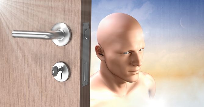 Door Key unlocking the surreal imagination of mans head