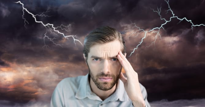 Lightning strikes and stressed man with headache holding head