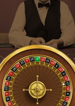 Roulette wheel and croupier in casino