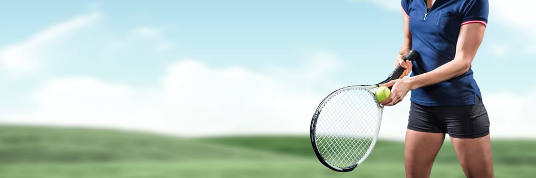 Tennis player woman with sky background with racket