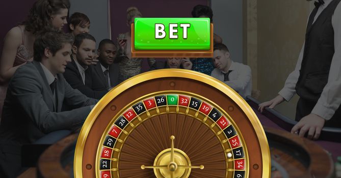 Bet button and Roulette wheel and people in casino