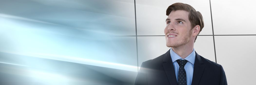 Businessman smiling and looking up with transition rush