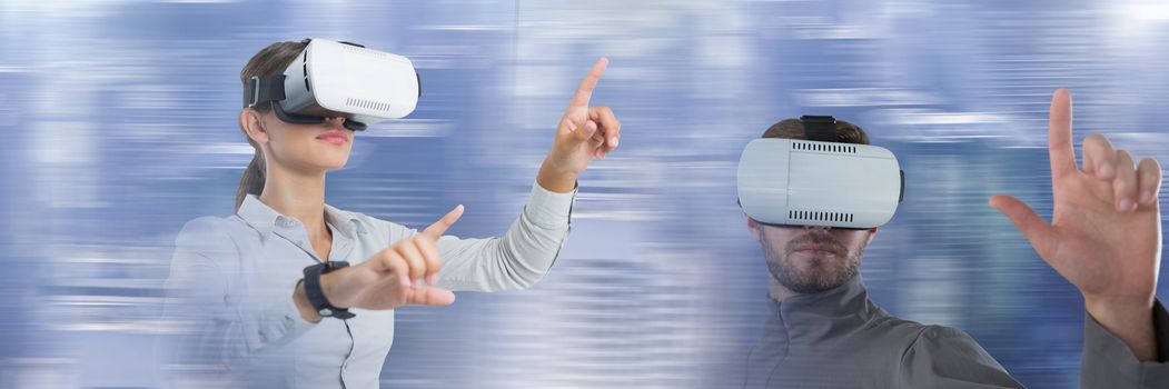 Man and woman wearing virtual reality headset glasses with motion effects transition
