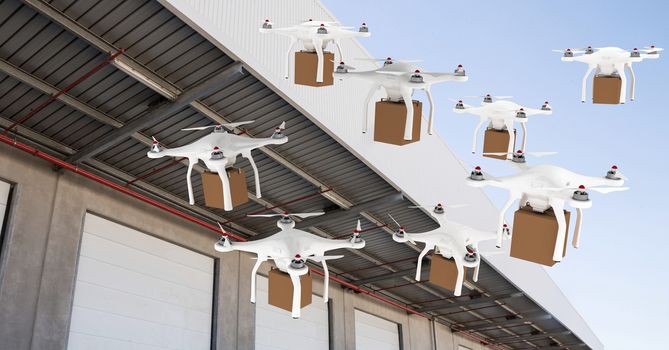 Drones flying by warehouse with delivery parcel boxes